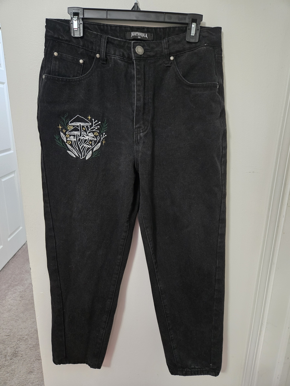 Disturbia Black High-Waist Jeans with Embroidered Mushroom Patch
